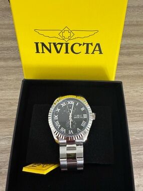 Invicta Men's Silver Watch with Black Dial and Roman Numerals 47420